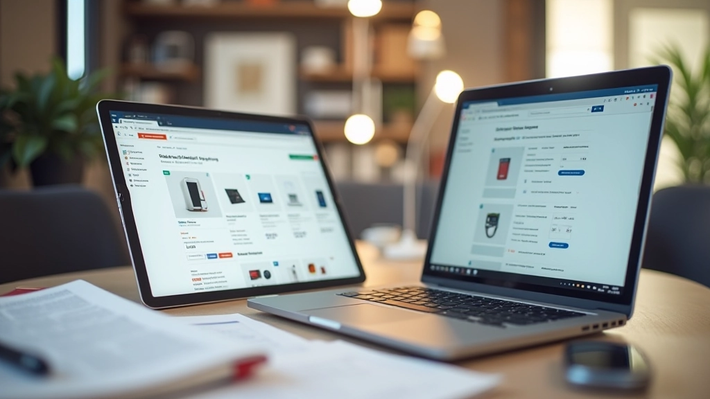 Interface de boutique e-commerce affichant des produits, smartphone montrant des articles en vente, gestion d'inventaire