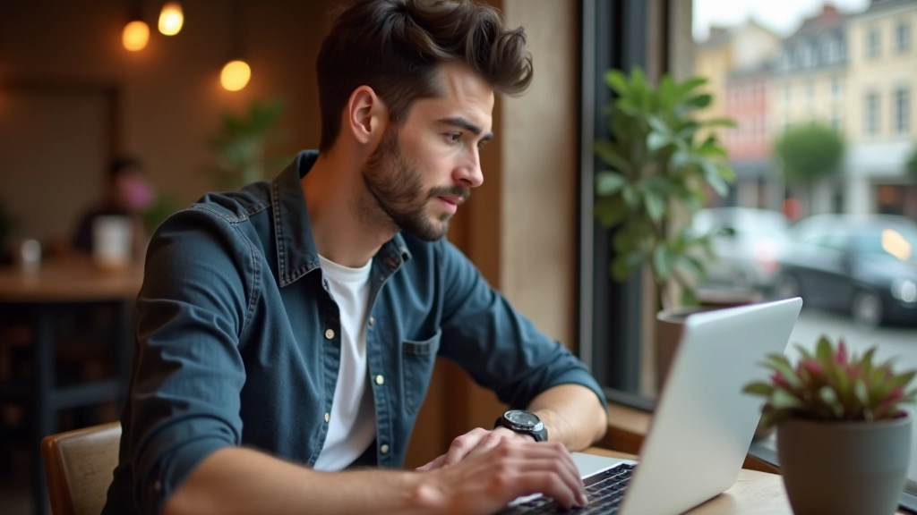 Freelance travaillant depuis un café avec ordinateur portable et café