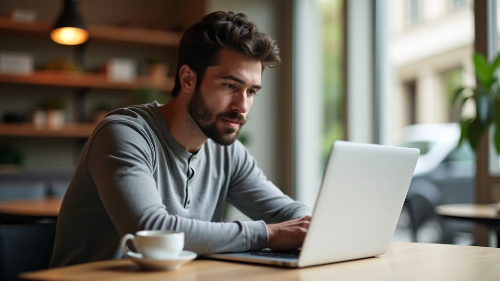 Freelanceur travaillant sur son ordinateur portable dans un café, concentration, lumière naturelle, environnement professionnel