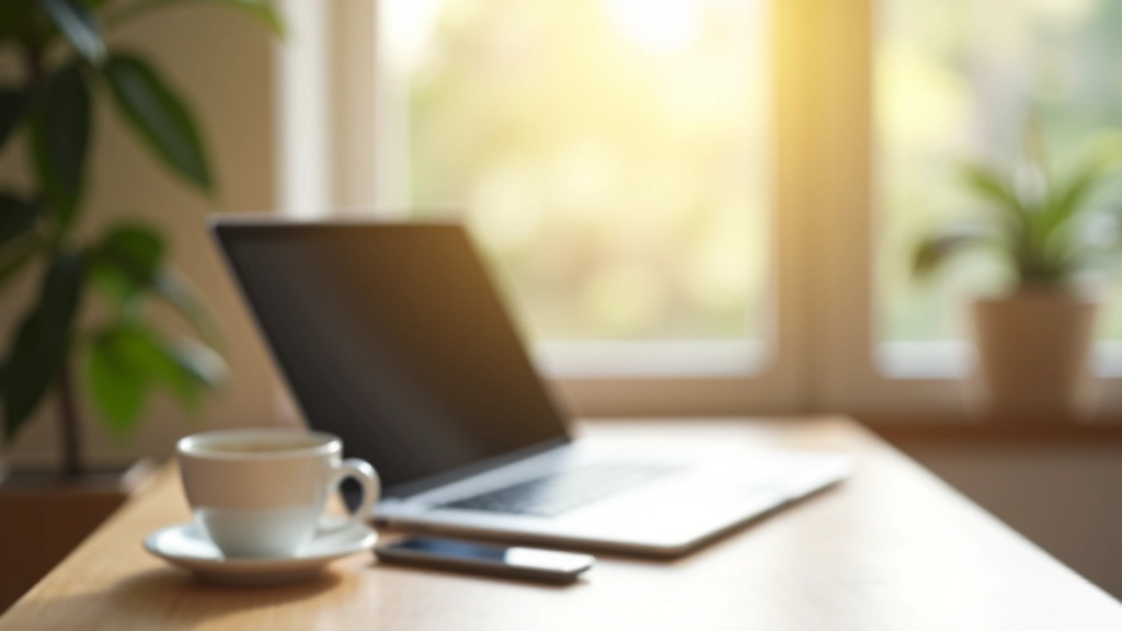Espace de travail moderne avec ordinateur portable et documents, lumière naturelle du matin, mise au point nette