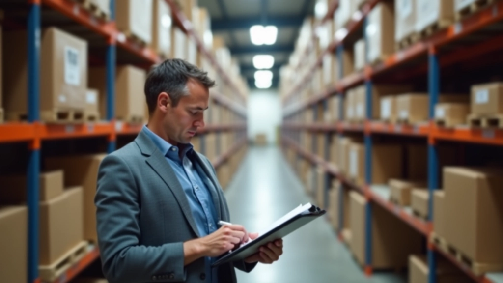 Vue aérienne d'un petit entrepôt ou espace de stockage avec des étagères organisées contenant des produits emballés et un employé qui effectue un inventaire