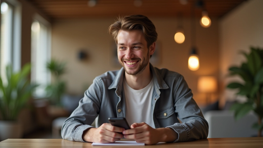 Personne envoyant un message à un client avec un sourire satisfait, communication professionnelle sur un téléphone mobile