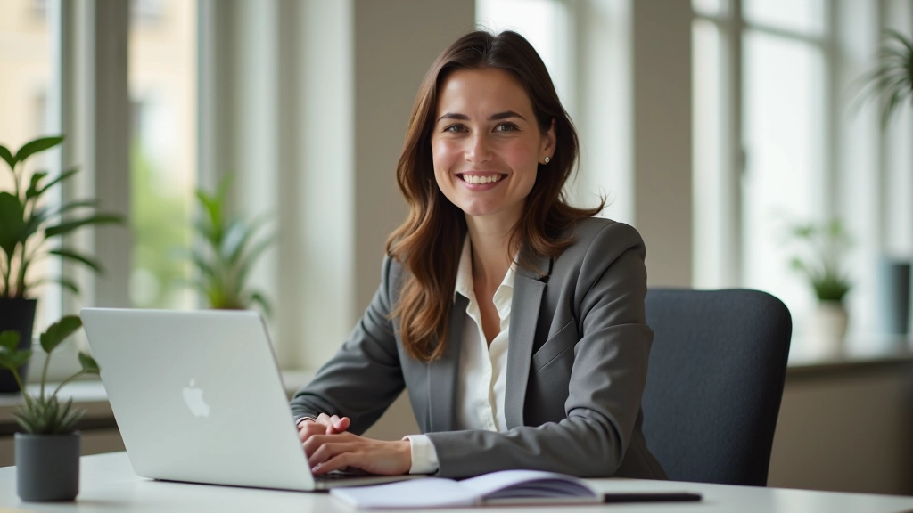 Personne photographiée de face à son bureau avec des produits physiques, des carnets de notes et un ordinateur portable affichant un catalogue de produits